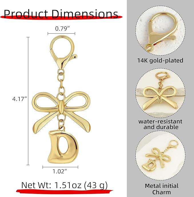 Gold Bubble Heart, Cherry, Bow & More Designs Letter Initial Keychain Bag Charms – Cute Purse Charms for Handbags