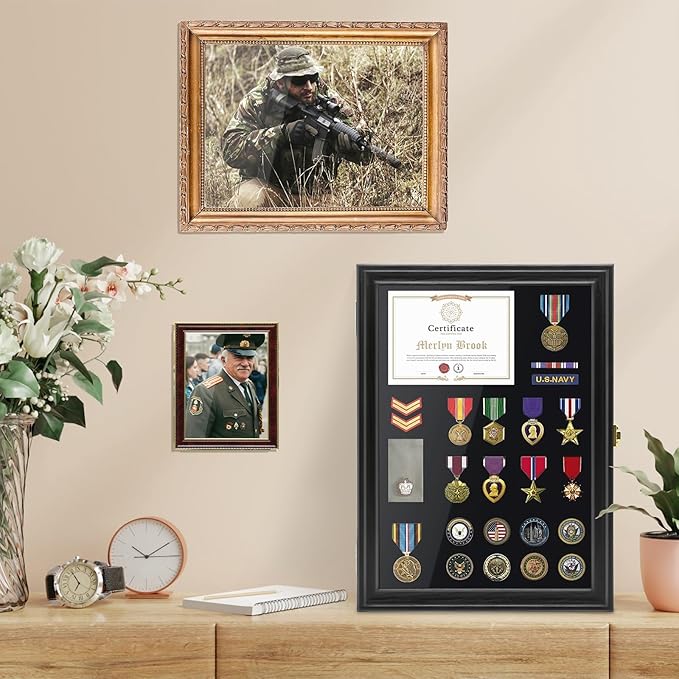 PiaoHao 15.4"X 11.2" Pin Display Case Medal Shadow Box with 98% UV Protection for Military Medals, Beach Tags, Jewelry Pins, Pin Gift, Insignia Ribbons, Pin Enthusiast Collectibles Black Finish