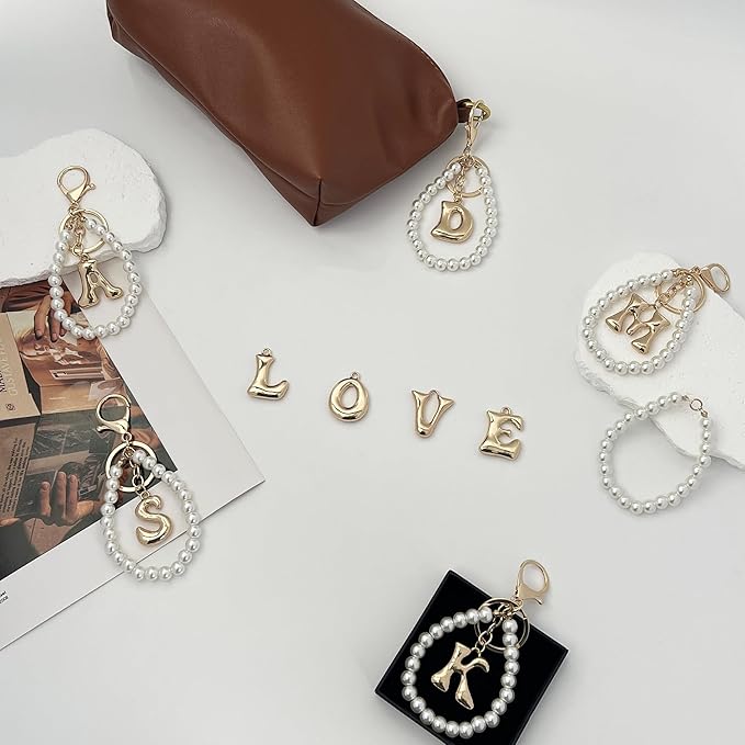 Gold Bubble Heart, Cherry, Bow & More Designs Letter Initial Keychain Bag Charms – Cute Purse Charms for Handbags