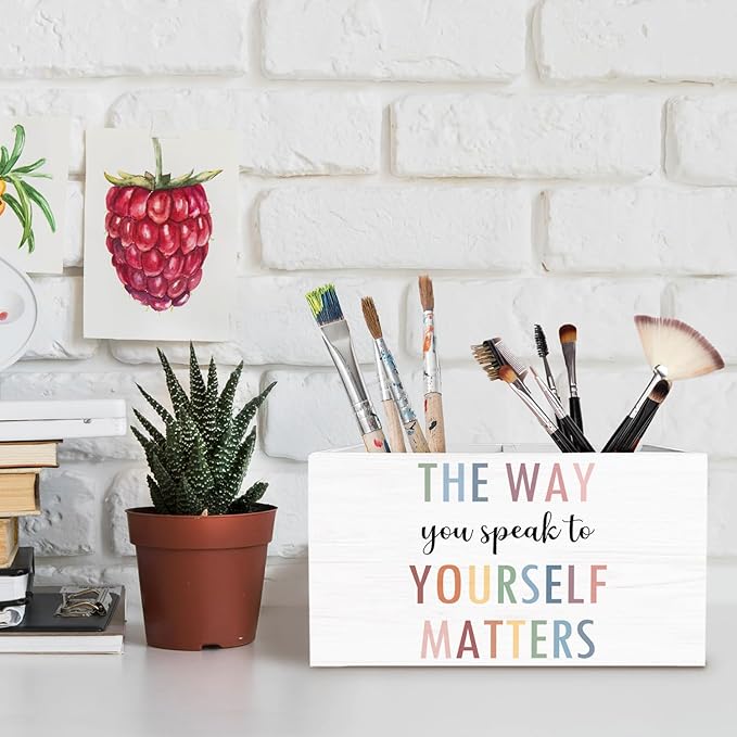 Boho Mental Health Pen Holder for Desk, Psychology Gifts Pencil Organizer, The Way You Speak to Yourself Matters Wooden Box Sign Desk Decor for Therapy Office Classroom Decoration