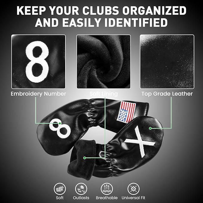 Golf Iron Covers Set US Flag Leather for Irons Value 11 Pack, Long Neck Protector Number Headcover, Universal Head Cover Fit Main Iron Clubs for Men Women Golfer
