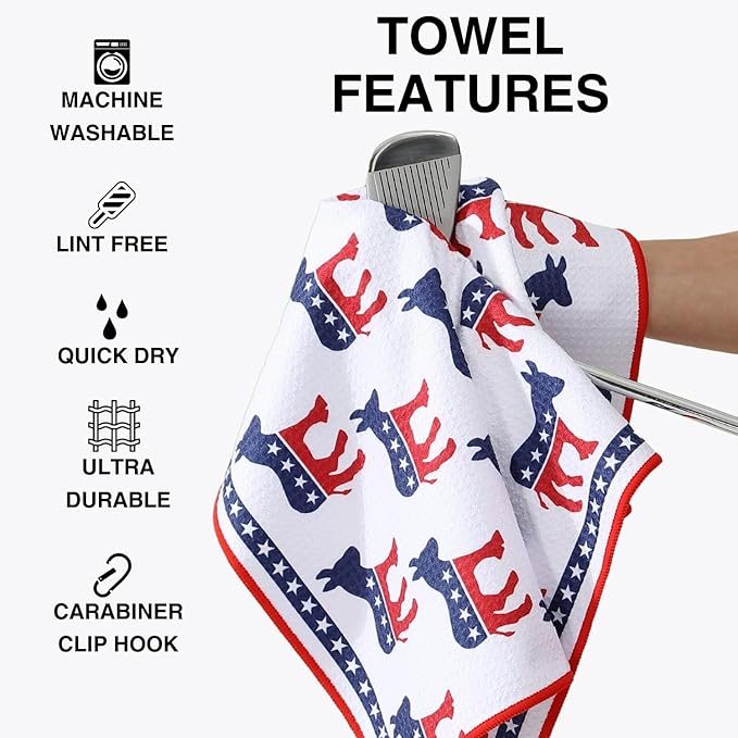 Microfiber Golf Towels for Golf Bags & Carts - Premium Weave Waffle & Ball Towels with Carabiner Clip, Essential Accessories for Men, Women and Kids, Golfer Gifts, Set of 2 (Donkey)