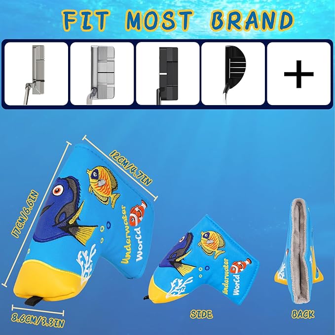 Golf Club Head Covers, Underwater World Driver Headcover Hybrid Headcover Fairway Wood Head Covers Magnetic Blade Putter Cover with Interchangeable Tags for All Brand