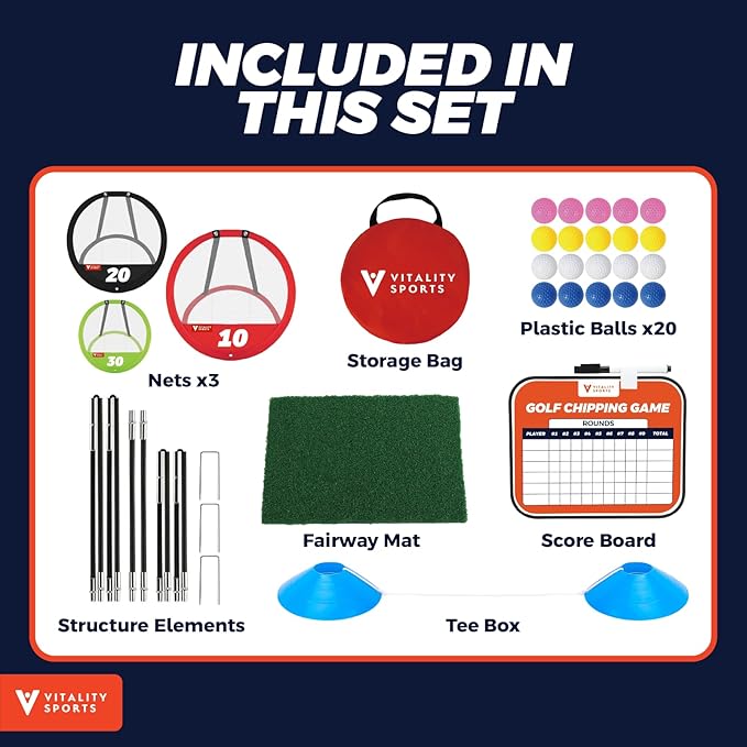 Vitality Sports Golf Chipping Net, 3PCS Pop-Up Golf Practice Net for Backyard, Indoor Outdoor Chipping Game with 3 Targets, 1 Hitting Mat, 20 Balls, Tee Box