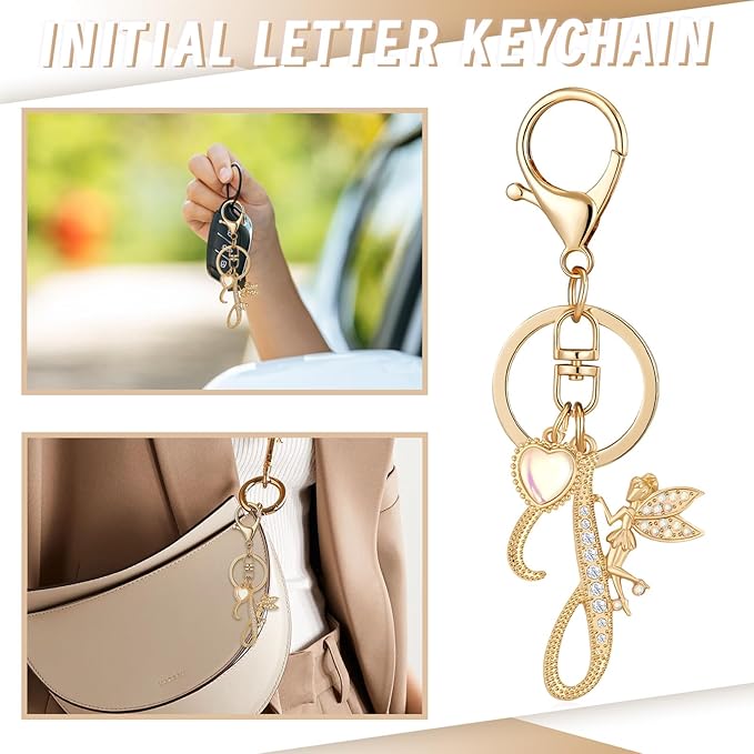 Gold Plated Alphabet Initial Letter Keyring Keychain for Women Girls Crystal Key Chains for Wallet Backpack Bag Charm