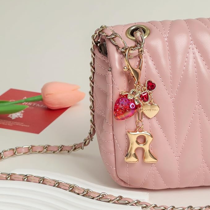 Snycler Bubble Initial Keychain with Strawberry & Bow- Gold Letter Bag Charms for Women, Cute Purse Handbag Accessories