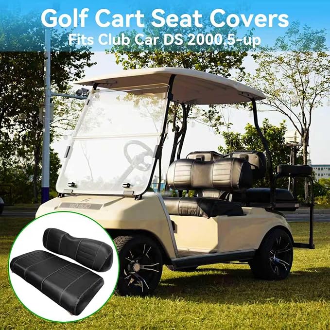 Golf Cart Seat Covers fits Club Car Precedent/DS/EZGO RXV/TXT/Yamaha Front Rear Seat Cushion，Black Leather Custom Stripe Soft Comfortable/Anti-Scratch/Easy to Clean