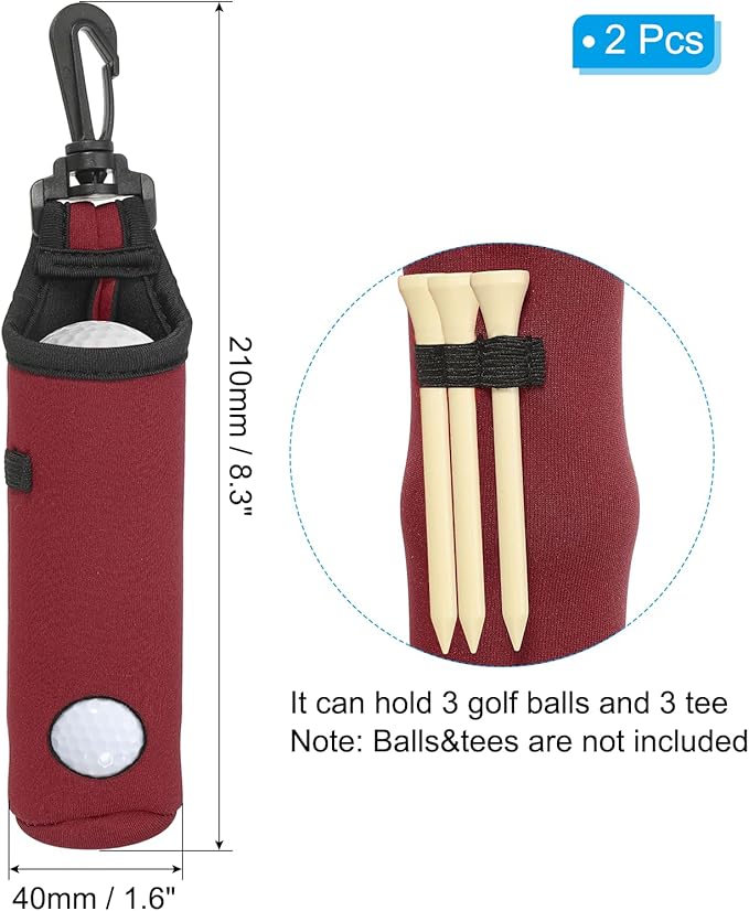PATIKIL Golf Ball Carry Bag, 2 Pcs Golf Tee Holder Pouch Portable Neoprene Golf Ball Holder with Clip for Men and Women Storage Gifts, Burgundy