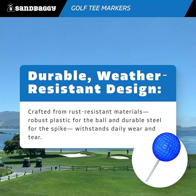 Sandbaggy Plastic Tee Markers for Golf Course (UV Resistant) - Steel Spike - Safety Caps Included