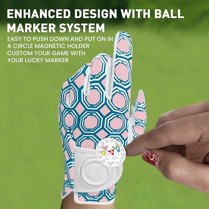 Golf Gloves Women with Ball Marker 2 Pack, Right Handed Golfer Left Hand, Ladies Breathable Soft All Weather Grip Glove Fit Size Small Medium Large XL