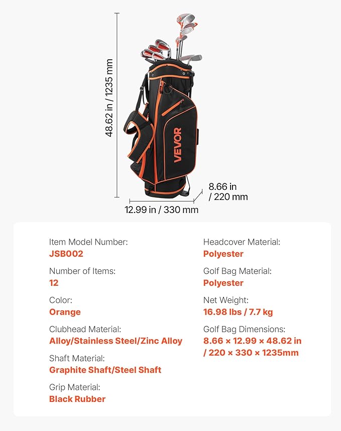 VEVOR Golf Club Set, 12 Pieces Golf Club Complete Set Right Handed with 460CC #1 Driver, #3 & 5 Fairway Wood, #4 Hybrid, #5/#6/#7/#8/#9/#PW/#SW Irons, L-Shaped Putter, Golf Stand Bag