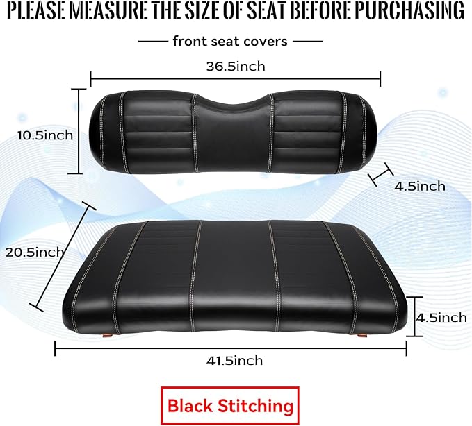 Golf Cart Seat Covers fits Club Car Precedent/DS/EZGO RXV/TXT/Yamaha Front Rear Seat Cushion，Black Leather Custom Stripe Soft Comfortable/Anti-Scratch/Easy to Clean