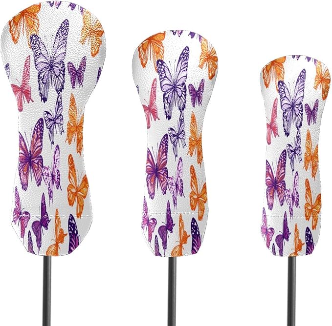 Funny Butterfly Colorful Golf Head Covers for Driver, Fairway, Hybrid & 3 Wood Premium PU Leather with Soft Velvet Lining Waterproof & Scratch-Resistant Unique Golf Gift for Men & Women