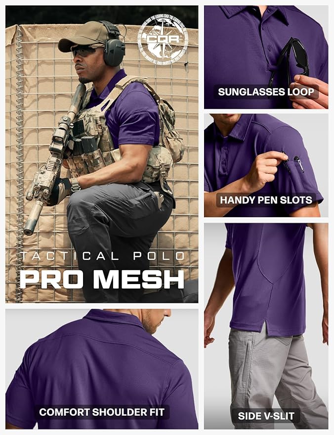 CQR Men's Polo Shirts, Tactical Short Sleeve Golf Performance Shirts, Lightweight Dry Fit UPF 50+ Pique