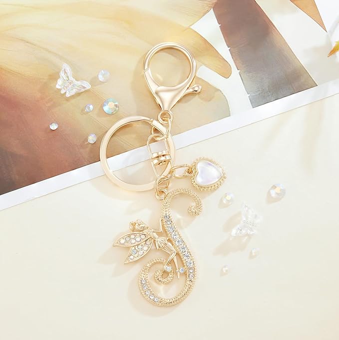 Gold Plated Alphabet Initial Letter Keyring Keychain for Women Girls Crystal Key Chains for Wallet Backpack Bag Charm