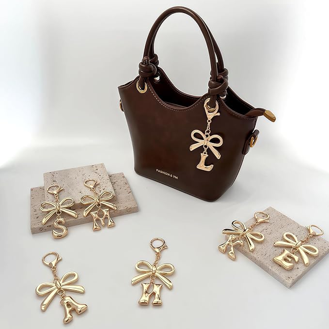 Gold Bubble Heart, Cherry, Bow & More Designs Letter Initial Keychain Bag Charms – Cute Purse Charms for Handbags