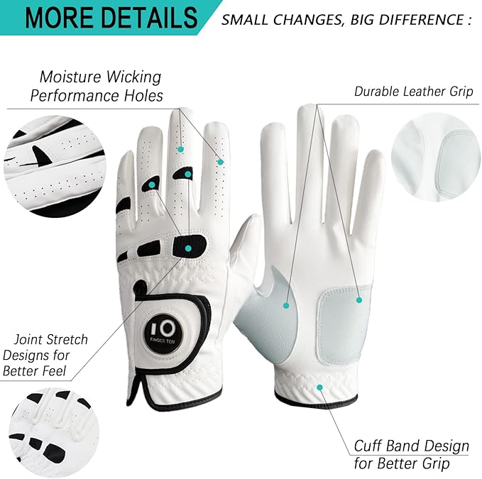 FINGER TEN Men’s Golf Gloves Left Hand Right with Ball Marker 2 Pack, Weathersof Grip Soft Comfortable, Fit Size Small Medium ML Large XL