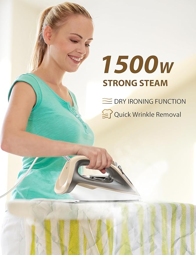 1500W Steam Iron for Clothes with 11.84oz Water Tank, 15-Second Fast Heat-Up, Ceramic Soleplate, Anti-Drip & Auto-Off, Burst of Steam & Self-Cleaning