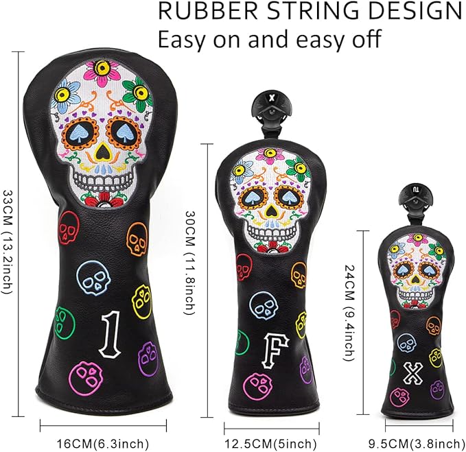 Montela Golf Club Covers,Colorful Skeleton Putter Cover Driver Covers Fairway Wood Headcover Hybrid Cover Leather Blade Putter Headcover Mallet for Brand