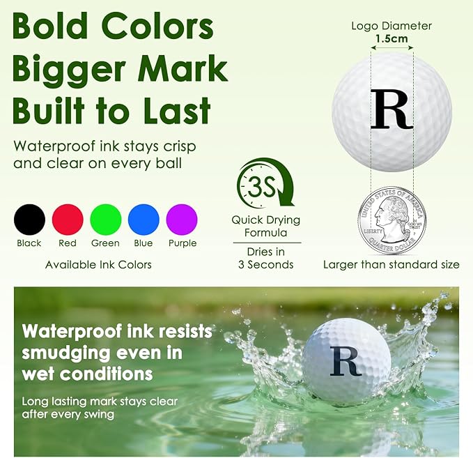 New Personalized Golf Ball Stamp – Upgraded Larger Imprint, Self-Inking Quick-Dry Waterproof Ink, Custom Name/Initials/Logo, Metal Gift Case & Refill – Great for Golfers