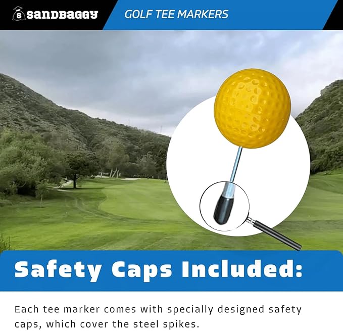 Sandbaggy Plastic Tee Markers for Golf Course (UV Resistant) - Steel Spike - Safety Caps Included