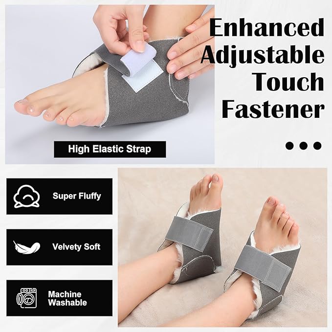 2 Pcs Heel Protectors for Pressure Sores Sheepskin Heel Pads Soft Foot Cushions Pad Heel Protectors Adjustable Foot Pillows with Securing Strap for Bed Sore Ankle Ulcers(Dark Grey)