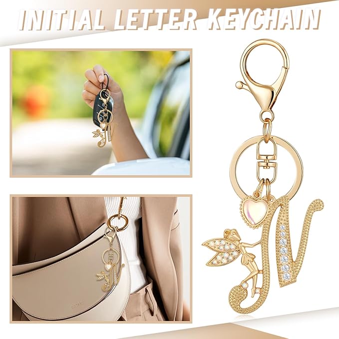 Gold Plated Alphabet Initial Letter Keyring Keychain for Women Girls Crystal Key Chains for Wallet Backpack Bag Charm