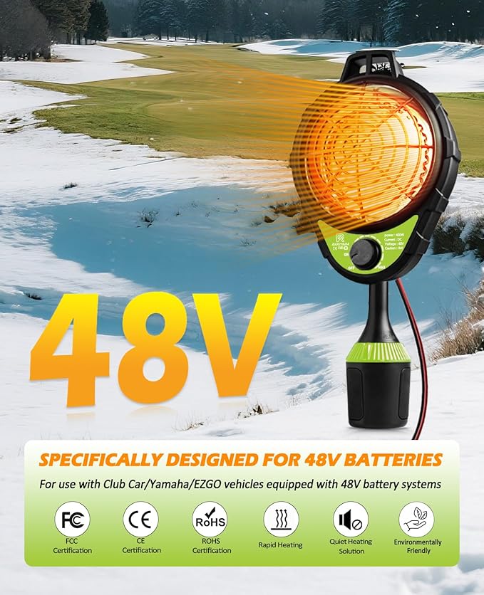 48V Electric Golf Cart Heater, Upgraded Burn-Proof Grille & Infinite Temp Control & Carbon Fiber Heating, Battery Operated Heater for Club Car/Yamaha/EZGO Golf Cart Accessories