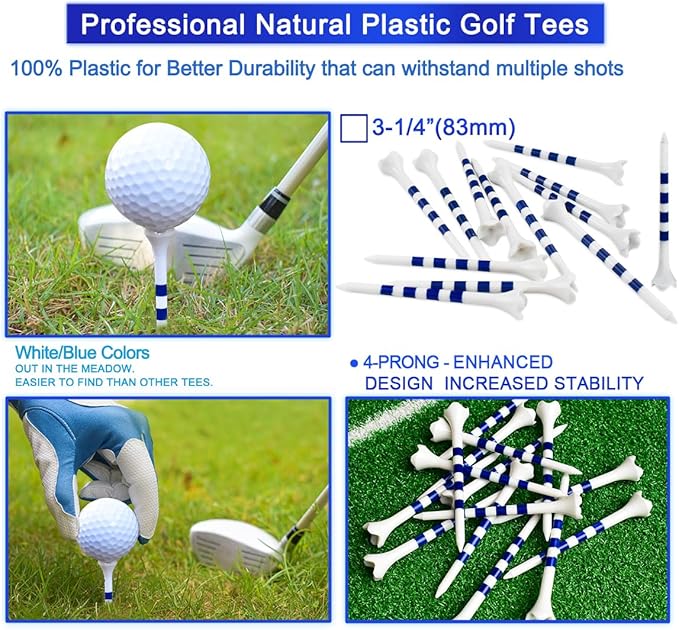 Golf Tees3 1/4" -100 Pack, Plastic Golf tees 3 1/4 inch 4-Prong Long Plastic Tees – Reduce Friction&Side Spin,Enhanced Durability & Stability,Also able to Work with a Variety of Drivers, hybrids.