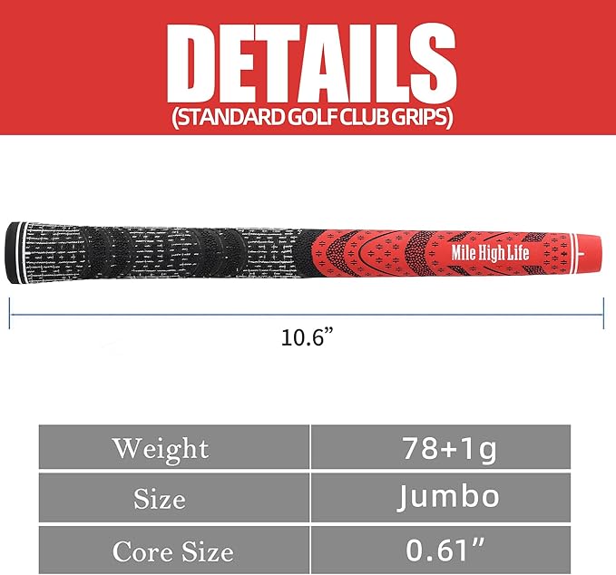Mile High Life Golf Grips 13 Pack / 3 Pack - All-Weather Soft Rubber Golf Club Grips - High Shock Absorption, Enhanced Traction - Standard, Midsize & Jumbo Size (Core 0.58"-0.61")