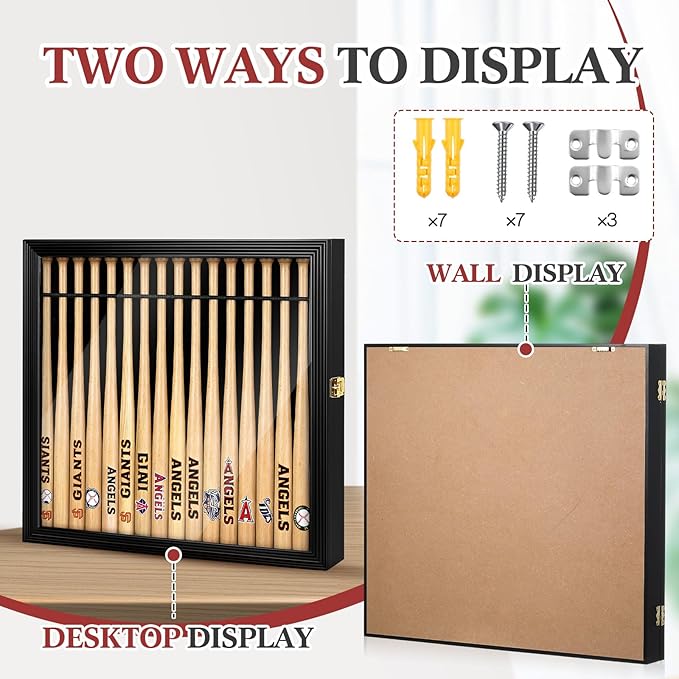 18" Mini Baseball Bat Display Case Wall Mounted Cabinet Holder Rack UV Protection Display Shadow Boxes with Acrylic Transparent Door Holder Holds up to 16 Bats for Collector Memorabilia Gift