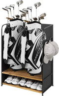 MyGift 2 Golf Bag Organizer with 2 Tier Burnt Wood Shelf for Shoes, Equipment and Hooks for Hat and Towels, Deluxe Matte Black Metal Golf Bag Storage Rack