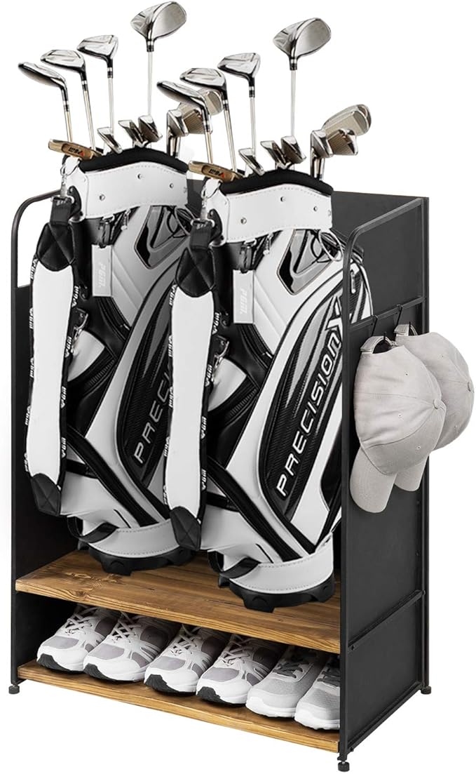 MyGift 2 Golf Bag Organizer with 2 Tier Burnt Wood Shelf for Shoes, Equipment and Hooks for Hat and Towels, Deluxe Matte Black Metal Golf Bag Storage Rack