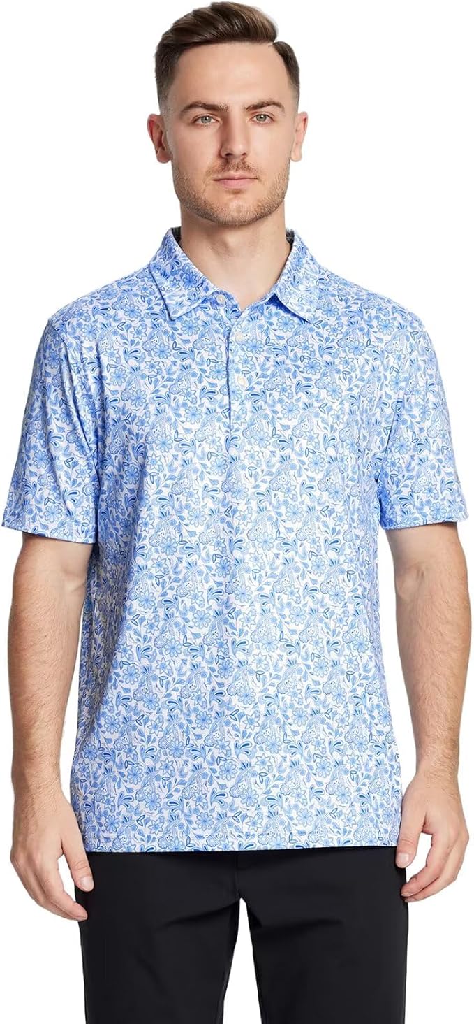 Golf Shirts for Men Dry Fit Short Sleeve Print Performance Moisture Wicking Polo Shirt