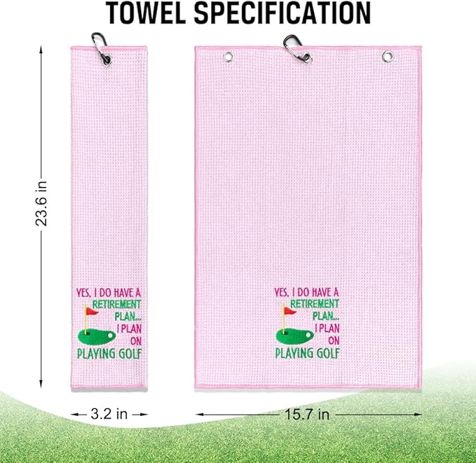 ERHACHAIJIA Yes I'd Have A Retirement Plan Embroidered Golf Towel with Clip. Funny Golf Accessories Gifts for Women Golfer Grandma Mom Aunty, Retirement (Pink)