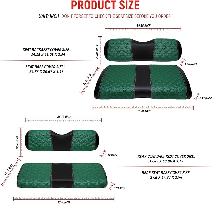 Golf Cart Front and Rear Seat Covers Waterproof and Sun Resistant Marine Grade Vinyl Leather Seat Cover Accessories for EZGO RXV 2008+, Green(4PCS)