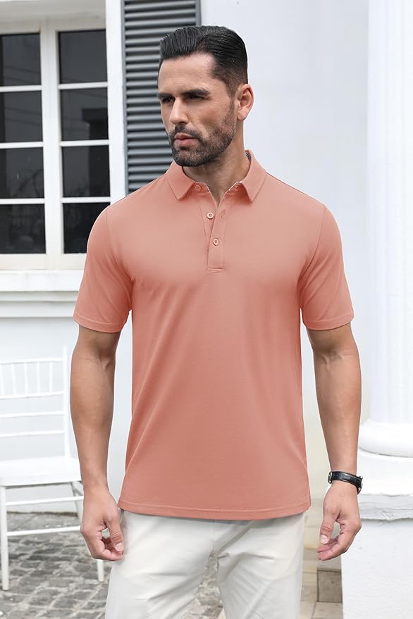 MAGCOMSEN Men's Polo Shirts Short Sleeve Cotton Pique 3 Button Classic Fit Casual T-Shirt Performance Golf Shirts