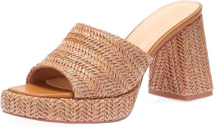 Monrovia Womens Sandals Heels for Women Slide On Block Chunky Platform High Heels Open Toe Raffia Wedge Sandals