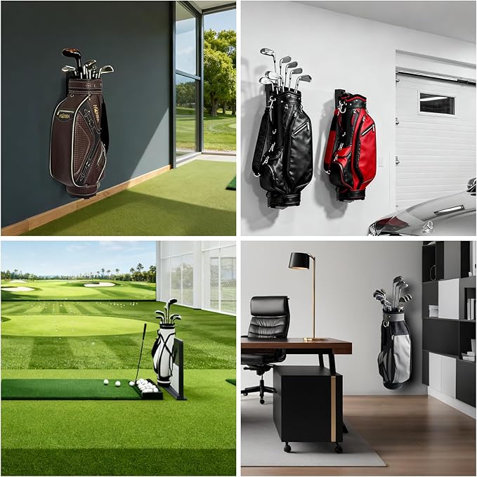Adjustable Wall Mount Golf Bag Holder - 33.5" to 42.5" Tool-Free Length Adjustment, Heavy-Duty Alloy Steel Storage Rack for Garage, Home, and Golf Club Organization