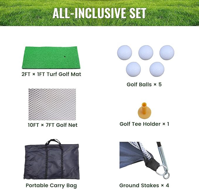 10x7ft Golf Practice Net, All-in-One Golf Practice Set: Driving Net with Mat, Target, Tee & Bag for Backyard Drills, Indoor Training