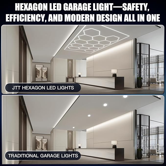 JTT Hexagon Garage Lights, 736W 73600LM LED Garage Hexagon Lights,6500K Super Bright Car Detailing Ceiling LED Shop Light for Basement, Warehouse, Auto Beauty Shop, Car Detailing Shop, Gym etc