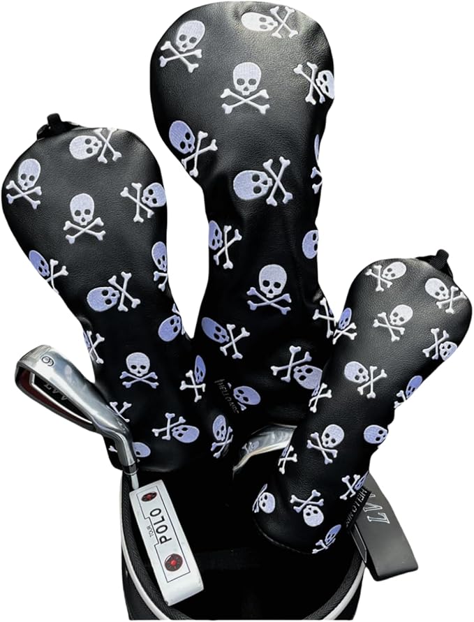 Set Golf Club Covers or 1pc Black Driver Headcover 3 5 Wood Headcover Hybrid Headcover Skull Heads Embroidery, PU Leather Golf Head Covers for Woods and Driver, Golf Accessories for Men