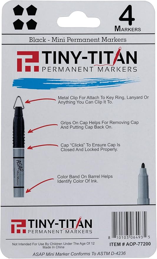 Tiny-Titan Mini Markers, Permanent Ink, Keychain Clip, Greart For Marking Golf Balls, Clip On Nurse's Badge, Works On Plastic, Wood, Metal & Glass - Fine Point - BLACK Ink - 4 Pen Pack