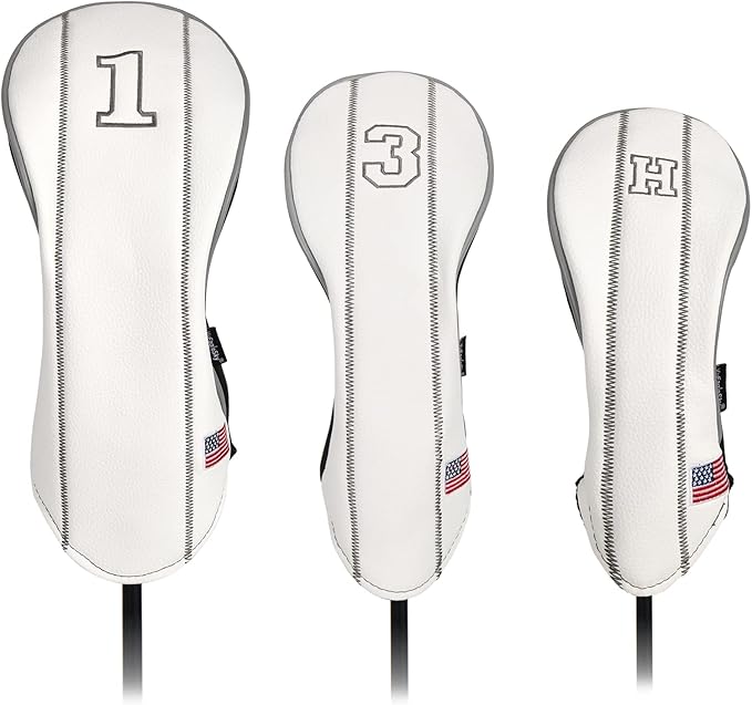 Golf Club Head Covers - Driver, Fairway #3#5, Hybrid Headgear - USA Flag Design - PU Leather - 3 Piece Set for Men and Women