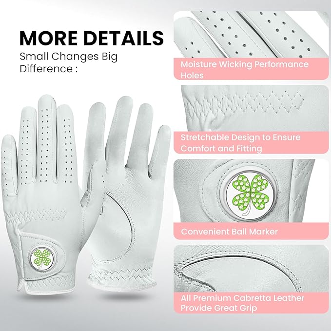 Golf Gloves Women All Premium Cabretta Leather 1 Pair with Ball Marker, Soft Comfortable & All Weather Grip Glove for Right Handed Golfer, Serious Feel Fit Size Small Medium Large XL