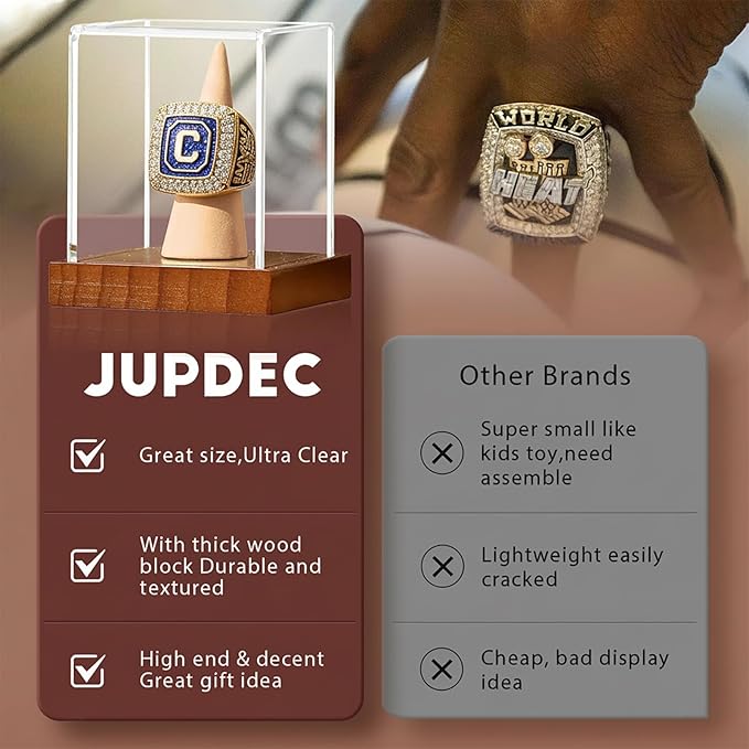JupDec Championship Ring Display Case 2 Pack, Clear Acrylic Single Ring Holder with Wood Stand Base for Sports Basketball Baseball Fan Souvenirs Military, UV Protection
