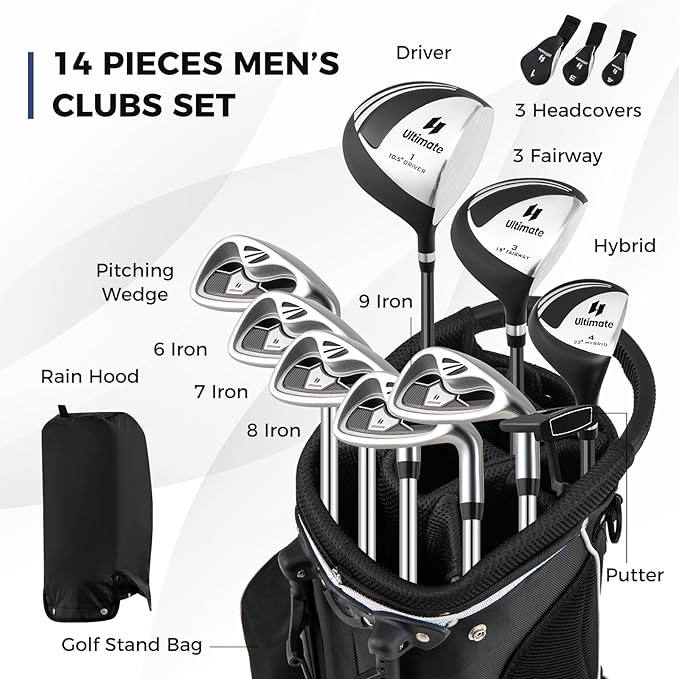 ULTIMATE Men's Complete Golf Club Set – Right-Handed, 9/11-Piece Full Set Including 460cc #1 Driver, #3 Fairway Wood, Hybrid, #6, #7, #8, #9, #P Irons, and a Precision Putter