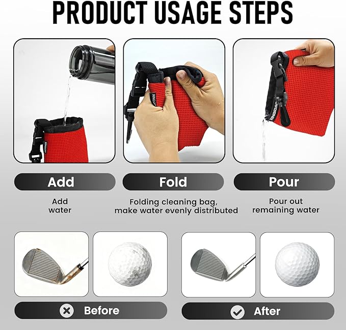 Golf Club and Golf Ball Cleaning Bag - Cleans Club Grooves, Waterproof Clean Face Tech, Detachable Clip, Machine Washable, Stay-Dry Exterior,Gift for Men (1, RED)
