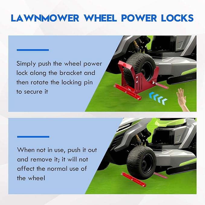 Large Lawn Mower Wheel Power Locker (with Straps) - Heavy Duty 10.5"-16" Caster Wheel Lock for Lawn Trailers, 7" Width Fit, Removable & Lockable Transport Security (Universal Fit)