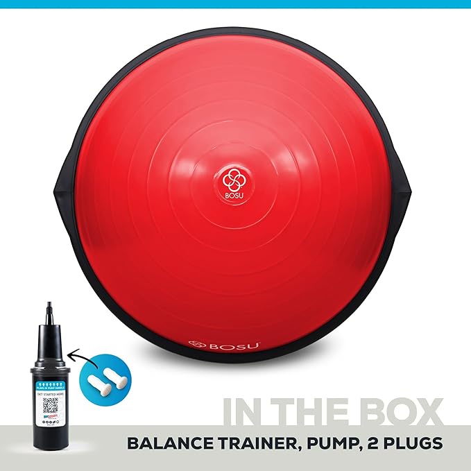 Bosu Balance Ball Exercise Trainer, Home Gym Equipment w/ Guided Workouts & Pump, 26", Blue - Inflatable Fitness Platform for Strength Training, Standing, Balancing, and Core Workout